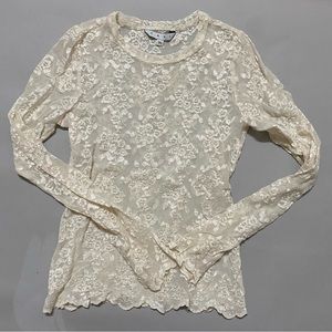 CABI Sheer white lace fitted top